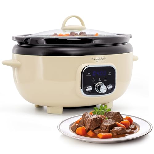 MegaChef 3.7 Quart Oval Electric Digital Slow Cooker with Black Stoneware Crock, Adjustable Timer & Temperature Control, Delay, High, Low & Warm Settings - Versatile Cooking Appliance (Cream) - My Kitchen Products