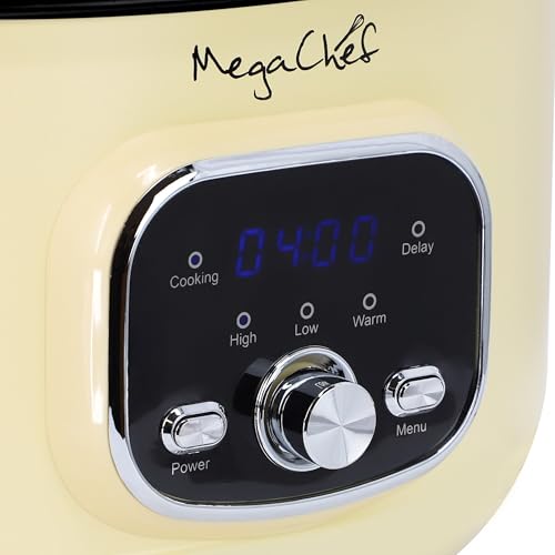 MegaChef 3.7 Quart Oval Electric Digital Slow Cooker with Black Stoneware Crock, Adjustable Timer & Temperature Control, Delay, High, Low & Warm Settings - Versatile Cooking Appliance (Cream) - My Kitchen Products