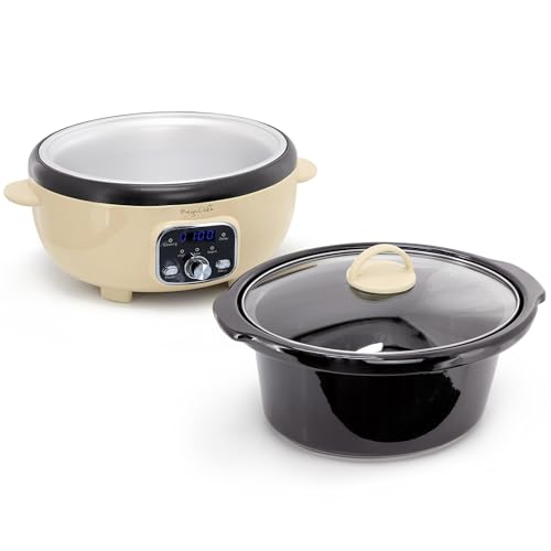 MegaChef 3.7 Quart Oval Electric Digital Slow Cooker with Black Stoneware Crock, Adjustable Timer & Temperature Control, Delay, High, Low & Warm Settings - Versatile Cooking Appliance (Cream) - My Kitchen Products