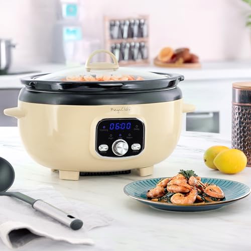 MegaChef 3.7 Quart Oval Electric Digital Slow Cooker with Black Stoneware Crock, Adjustable Timer & Temperature Control, Delay, High, Low & Warm Settings - Versatile Cooking Appliance (Cream) - My Kitchen Products