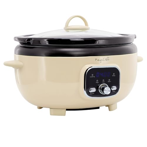 MegaChef 3.7 Quart Oval Electric Digital Slow Cooker with Black Stoneware Crock, Adjustable Timer & Temperature Control, Delay, High, Low & Warm Settings - Versatile Cooking Appliance (Cream) - My Kitchen Products