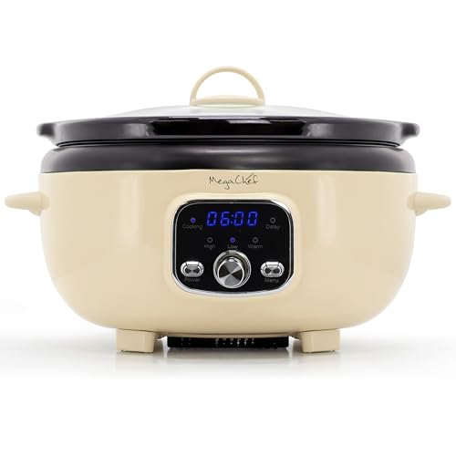 MegaChef 3.7 Quart Oval Electric Digital Slow Cooker with Black Stoneware Crock, Adjustable Timer & Temperature Control, Delay, High, Low & Warm Settings - Versatile Cooking Appliance (Cream) - My Kitchen Products