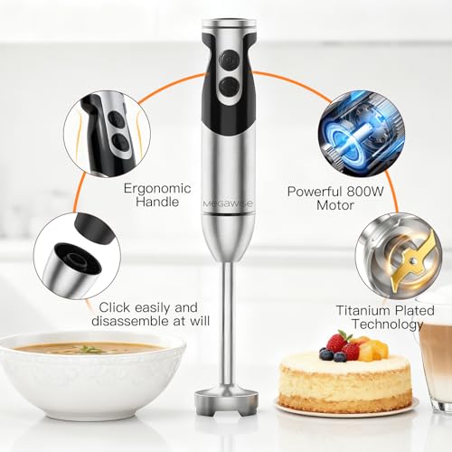 MegaWise Hand Blender, Immersion Blender Handheld 12-Speed with 80% Sharper Blades, Titanium Reinforced Stainless Steel 3-in-1 Immersion Blender,Includes Whisk and Milk Frother (3-in 1 Black) - My Kitchen Products