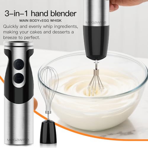 MegaWise Hand Blender, Immersion Blender Handheld 12-Speed with 80% Sharper Blades, Titanium Reinforced Stainless Steel 3-in-1 Immersion Blender,Includes Whisk and Milk Frother (3-in 1 Black) - My Kitchen Products