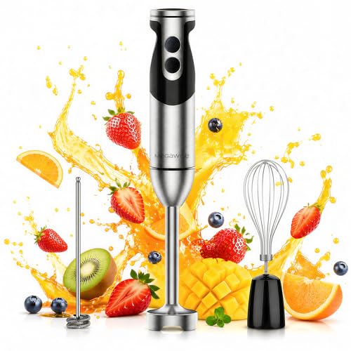 MegaWise Hand Blender, Immersion Blender Handheld 12-Speed with 80% Sharper Blades, Titanium Reinforced Stainless Steel 3-in-1 Immersion Blender,Includes Whisk and Milk Frother (3-in 1 Black) - My Kitchen Products