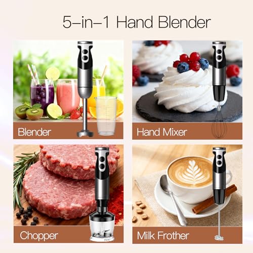 MegaWise Pro Titanium Reinforced 5-in-1 Immersion Hand Blender, Powerful Motor with 80% Sharper Blades, 12-Speed Corded Blender, Including 500ml Chopper, 600ml Beaker, Whisk and Milk Frother (Black) - My Kitchen Products