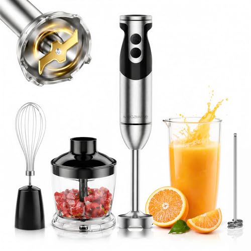 MegaWise Pro Titanium Reinforced 5-in-1 Immersion Hand Blender, Powerful Motor with 80% Sharper Blades, 12-Speed Corded Blender, Including 500ml Chopper, 600ml Beaker, Whisk and Milk Frother (Black) - My Kitchen Products
