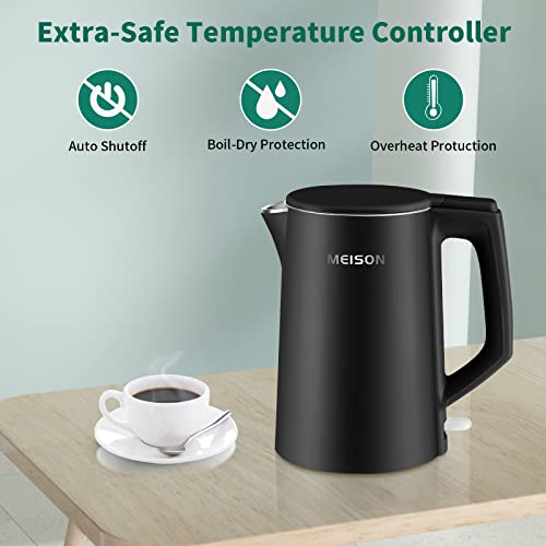 MEISON Electric Kettle, 1.7 L Double Wall Food Grade Stainless Steel Interior Water Boiler, Coffee Pot & Tea Kettle, Auto Shut-Off and Boil-Dry Protection, 1200W, 2 Year Warranty(Black) - My Kitchen Products