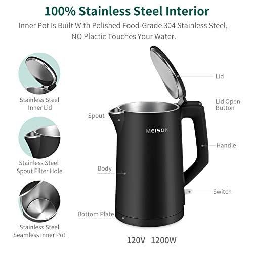 MEISON Electric Kettle, 1.7 L Double Wall Food Grade Stainless Steel Interior Water Boiler, Coffee Pot & Tea Kettle, Auto Shut-Off and Boil-Dry Protection, 1200W, 2 Year Warranty(Black) - My Kitchen Products