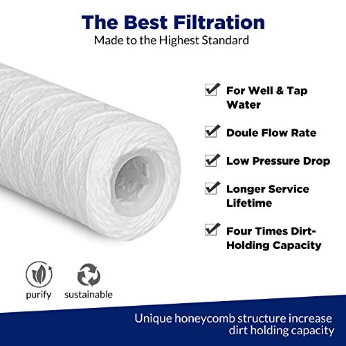 Membrane Solutions 5 Micron 10"x2.5" String Wound Whole House Water Filter Replacement Cartridge Universal Sediment Filters for Well Water - 6 Pack - My Kitchen Products