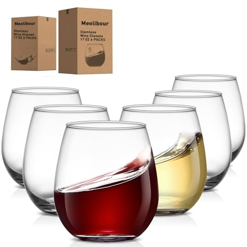 Meolibour Large Stemless Wine Glasses Set of 6, 17 Ounces Red & White Wine Glasses Tumbler for Party, Clear Drink