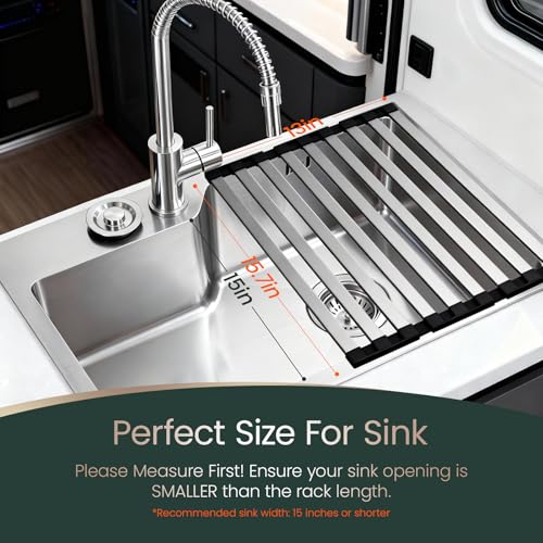 Meowoo Rectangle Dish Drying Rack, 15.7" x 13" Roll Up Over The Sink Dish Drainer Rack, Non-Slip Silicone Base, Stainless Steel Drying Rack for RV & Small Kitchen Sink, Black - My Kitchen Products