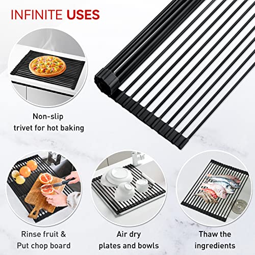 MERRYBOX 20.5" x 13" Roll Up Dish Drying Rack Silicone Wrapped Over The Sink Dish Drying Rack Multipurpose Foldable Sink Drying Mat, Heat-Resistant & Anti-Rust Dish Rack for Kitchen Sink, Large, Black - My Kitchen Products