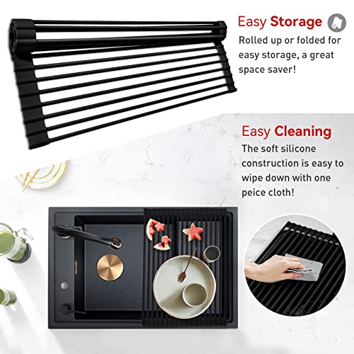 MERRYBOX 20.5" x 13" Roll Up Dish Drying Rack Silicone Wrapped Over The Sink Dish Drying Rack Multipurpose Foldable Sink Drying Mat, Heat-Resistant & Anti-Rust Dish Rack for Kitchen Sink, Large, Black - My Kitchen Products