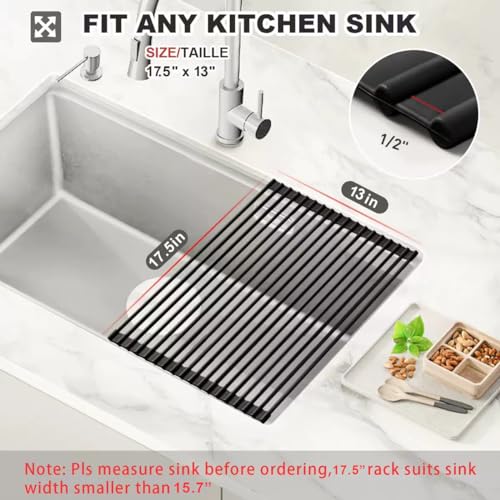 MERRYBOX Roll Up Dish Drying Rack Silicone Wrapped Over The Sink Dish Drying Rack Multipurpose Foldable Sink Drying Mat Anti-Slip & Anti-Rust Dish Rack for Kitchen, 17.5" x 13", Black - My Kitchen Products