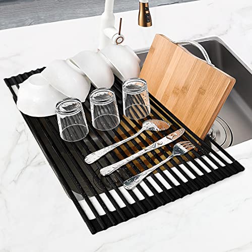 MERRYBOX Roll Up Dish Drying Rack Silicone Wrapped Over The Sink Dish Drying Rack Multipurpose Foldable Sink Drying Mat Anti-Slip & Anti-Rust Dish Rack for Kitchen, 17.5" x 13", Black - My Kitchen Products
