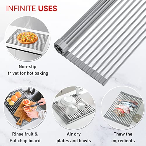 MERRYBOX Roll Up Dish Drying Rack, Silicone Wrapped Over The Sink Dish Rack Foldable Dish Drainer Anti-Slip Dish Racks for Kitchen Counter, Multipurpose Kitchen Sink Drying Rack, 18" x 13", Light Gray - My Kitchen Products