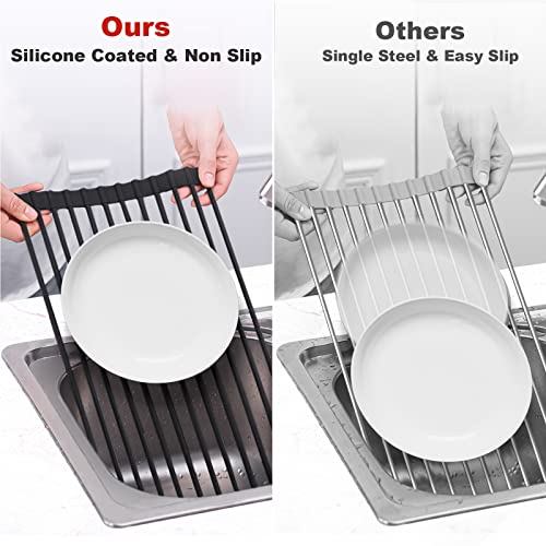 MERRYBOX Roll Up Dish Drying Rack, Silicone Wrapped Over The Sink Dish Rack Foldable Dish Drainer Anti-Slip Dish Racks for Kitchen Counter, Multipurpose Kitchen Sink Drying Rack, 18" x 13", Black - My Kitchen Products