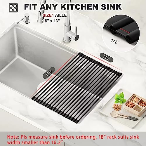 MERRYBOX Roll Up Dish Drying Rack, Silicone Wrapped Over The Sink Dish Rack Foldable Dish Drainer Anti-Slip Dish Racks for Kitchen Counter, Multipurpose Kitchen Sink Drying Rack, 18" x 13", Black - My Kitchen Products
