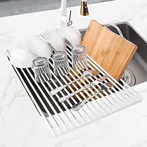 MERRYBOX Roll Up Dish Drying Rack Silicone Wrapped Over The Sink Dish Rack Foldable Dish Drainer Anti-Slip Dish Racks for Kitchen Counter, Multipurpose Kitchen Sink Drying Rack, 20.5" x 13", White - My Kitchen Products