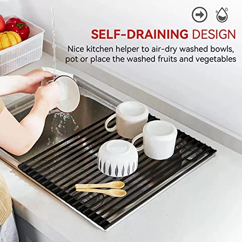 MERRYBOX Roll Up Dish Drying Rack, Silicone Wrapped Over The Sink Dish Rack Foldable Dish Drainer Anti-Slip Dish Racks for Kitchen Counter, Multipurpose Kitchen Sink Drying Rack, 18" x 13", Black - My Kitchen Products