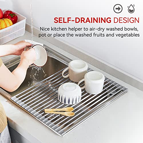 MERRYBOX Roll Up Dish Drying Rack, Silicone Wrapped Over The Sink Dish Rack Foldable Dish Drainer Anti-Slip Dish Racks for Kitchen Counter, Multipurpose Kitchen Sink Drying Rack, 18" x 13", Light Gray - My Kitchen Products