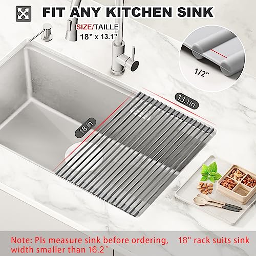MERRYBOX Roll Up Dish Drying Rack, Silicone Wrapped Over The Sink Dish Rack Foldable Dish Drainer Anti-Slip Dish Racks for Kitchen Counter, Multipurpose Kitchen Sink Drying Rack, 18" x 13", Light Gray - My Kitchen Products