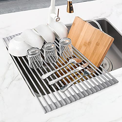MERRYBOX Roll Up Dish Drying Rack, Silicone Wrapped Over The Sink Dish Rack Foldable Dish Drainer Anti-Slip Dish Racks for Kitchen Counter, Multipurpose Kitchen Sink Drying Rack, 18" x 13", Light Gray - My Kitchen Products