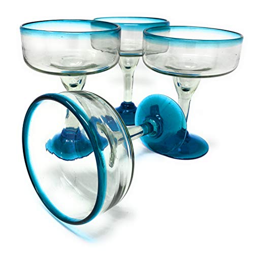 Mexican Hand Blown Glass - Set of 4 Hand Blown Margarita Glasses (16 oz) with Aqua Blue Rims