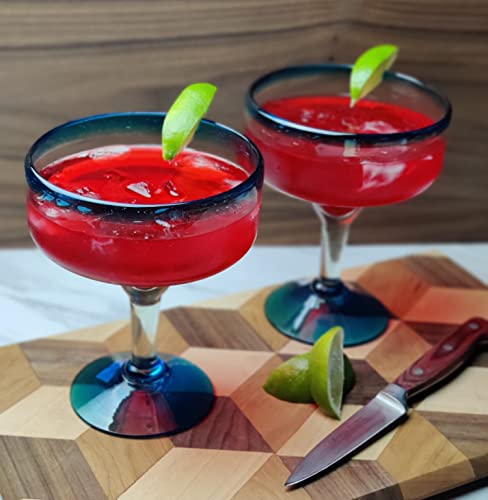 Mexican Hand Blown Glass – Set of 4 Hand Blown Margarita Glasses (16 oz) with Aqua Blue Rims - My Kitchen Products