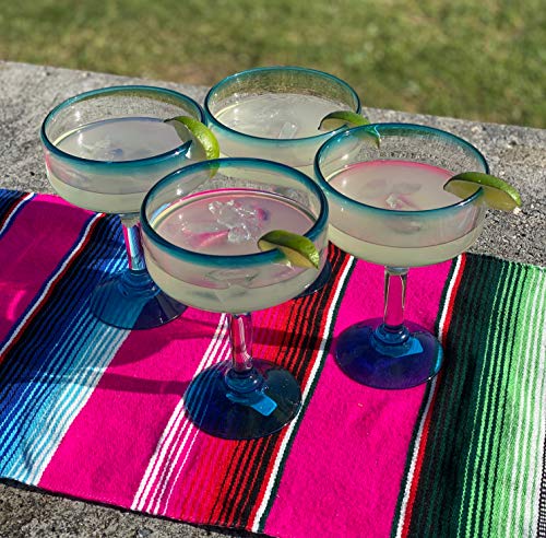 Mexican Hand Blown Glass – Set of 4 Hand Blown Margarita Glasses (16 oz) with Aqua Blue Rims - My Kitchen Products