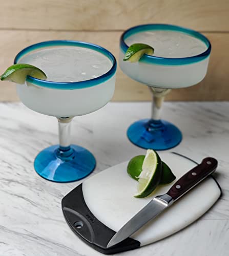 Mexican Hand Blown Glass – Set of 4 Hand Blown Margarita Glasses (16 oz) with Aqua Blue Rims - My Kitchen Products