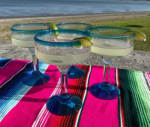 Mexican Hand Blown Glass – Set of 4 Hand Blown Margarita Glasses (16 oz) with Aqua Blue Rims - My Kitchen Products