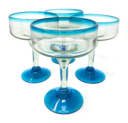 Mexican Hand Blown Glass – Set of 4 Hand Blown Margarita Glasses (16 oz) with Aqua Blue Rims - My Kitchen Products