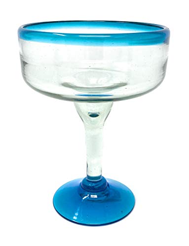 Mexican Hand Blown Glass – Set of 4 Hand Blown Margarita Glasses (16 oz) with Aqua Blue Rims - My Kitchen Products