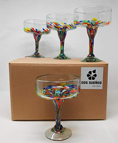 Mexican Hand Blown Glass – Set of 4 Hand Blown Margarita Glasses Confetti Carmen (16 oz) - My Kitchen Products