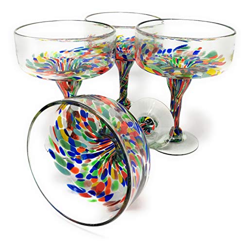 Mexican Hand Blown Glass - Set of 4 Hand Blown Margarita Glasses Confetti Carmen (16 oz)