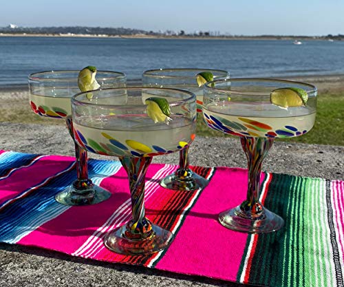 Mexican Hand Blown Glass – Set of 4 Hand Blown Margarita Glasses Confetti Carmen (16 oz) - My Kitchen Products