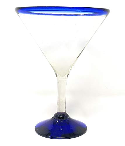 Mexican Hand Blown Glass – Set of 4 Hand Blown Modern Margarita Glasses - Blue Rim (12 oz) - My Kitchen Products