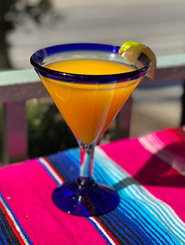 Mexican Hand Blown Glass – Set of 4 Hand Blown Modern Margarita Glasses - Blue Rim (12 oz) - My Kitchen Products