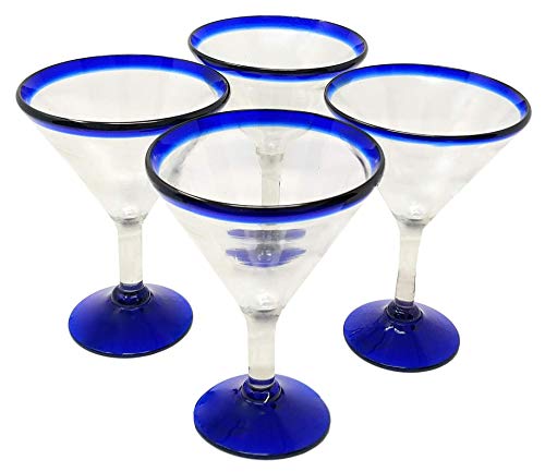 Mexican Hand Blown Glass - Set of 4 Hand Blown Modern Margarita Glasses - Blue Rim (12 oz)