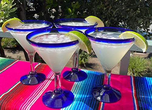 Mexican Hand Blown Glass – Set of 4 Hand Blown Modern Margarita Glasses - Blue Rim (12 oz) - My Kitchen Products