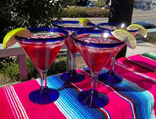 Mexican Hand Blown Glass – Set of 4 Hand Blown Modern Margarita Glasses - Blue Rim (12 oz) - My Kitchen Products