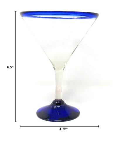 Mexican Hand Blown Glass – Set of 4 Hand Blown Modern Margarita Glasses - Blue Rim (12 oz) - My Kitchen Products