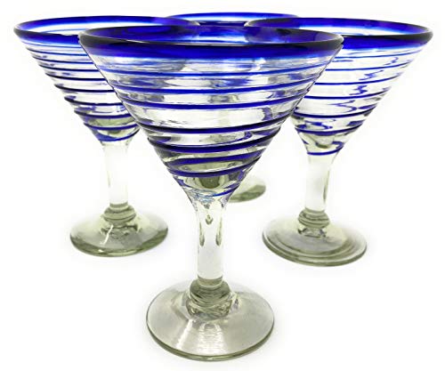 Mexican Hand Blown Glass - Set of 4 Hand Blown Modern Margarita Glasses - Blue Spiral (12 oz)