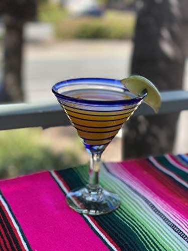 Mexican Hand Blown Glass – Set of 4 Hand Blown Modern Margarita Glasses - Blue Spiral (12 oz) - My Kitchen Products