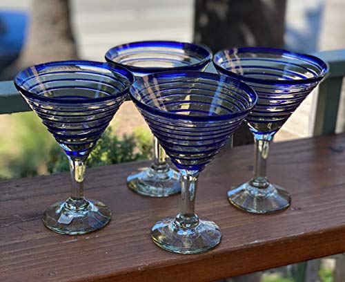 Mexican Hand Blown Glass – Set of 4 Hand Blown Modern Margarita Glasses - Blue Spiral (12 oz) - My Kitchen Products