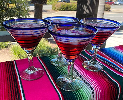 Mexican Hand Blown Glass – Set of 4 Hand Blown Modern Margarita Glasses - Blue Spiral (12 oz) - My Kitchen Products