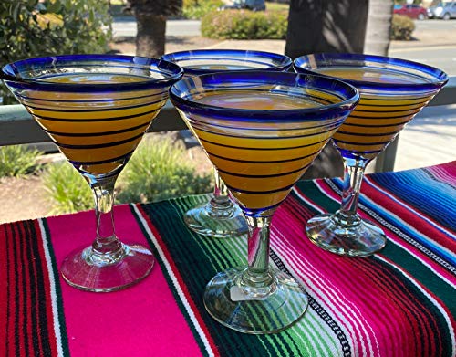 Mexican Hand Blown Glass – Set of 4 Hand Blown Modern Margarita Glasses - Blue Spiral (12 oz) - My Kitchen Products