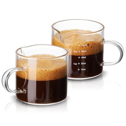 Mfacoy 2 Pack Measuring Cups, 75ML Espresso Cups with Handle, Espresso Shot Glasses with V-Shaped Mouth, Clear